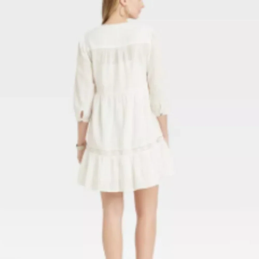 Women Boho Dress Long Sleeve Peasant Shift Ivory L - Picture 4 of 6